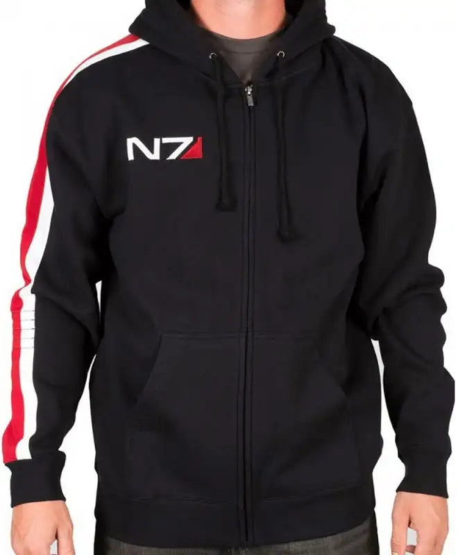 Front view of the Mass Effect N7 Hoodie black full zip hoodie