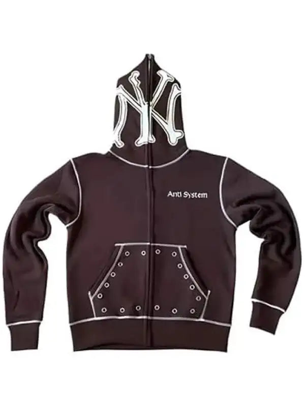 Front view of brown Anti System zip-up hoodie