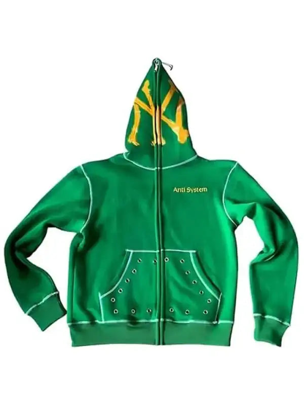 Front view of green Anti System zip-up hoodie