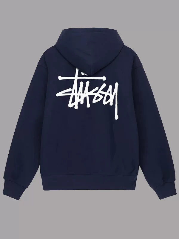 Back view of navy blue Stussy hoodie