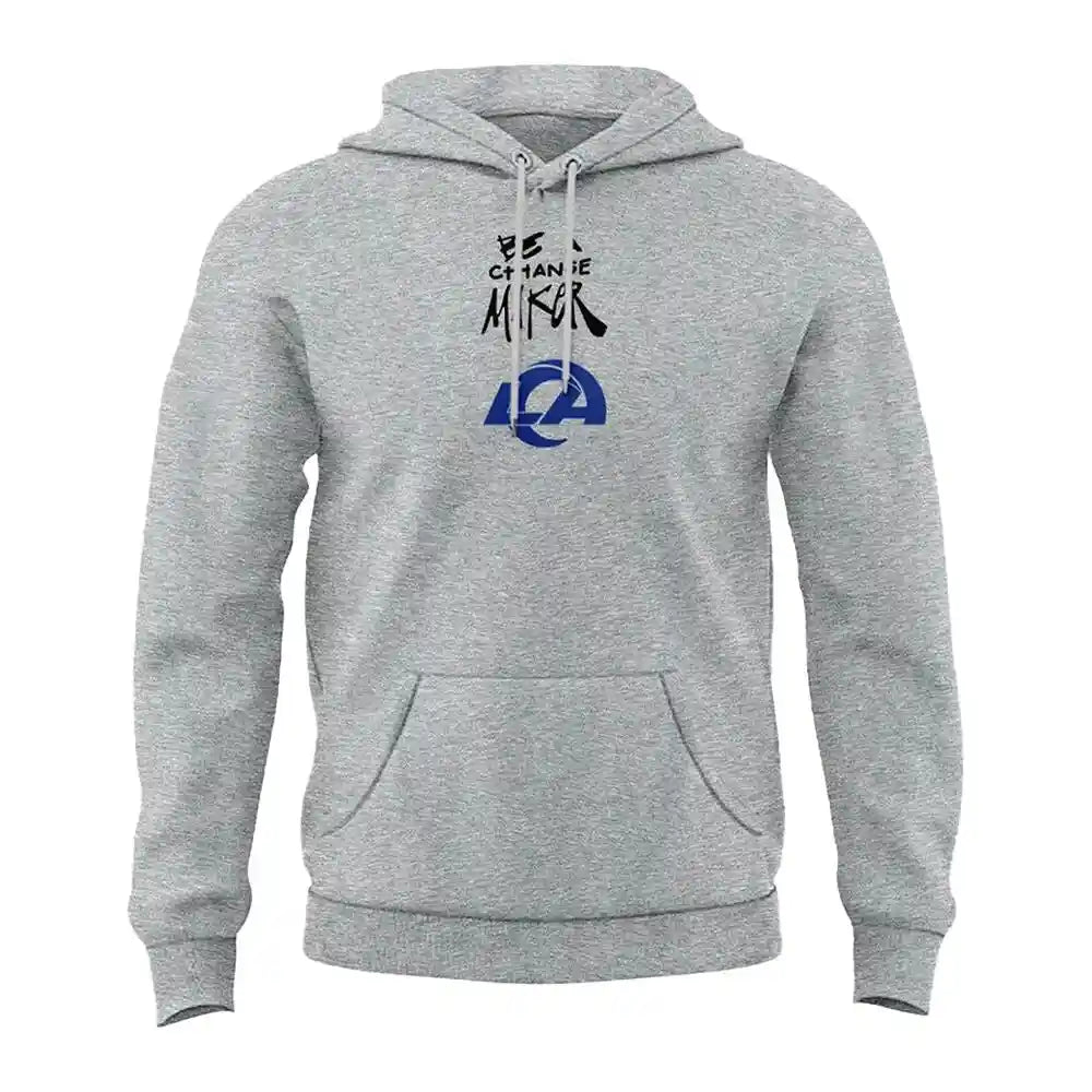 Front view of a gray pullover hoodie featuring the NFL Rams logo and 'BE A CHANGE MAKER' text.
