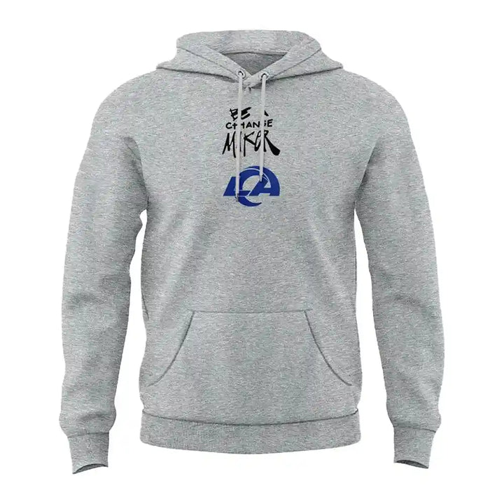 Front view of a gray pullover hoodie featuring the NFL Rams logo and 'BE A CHANGE MAKER' text.