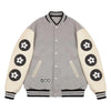 Gray varsity jacket with white sleeves featuring black flower patterns on a white background