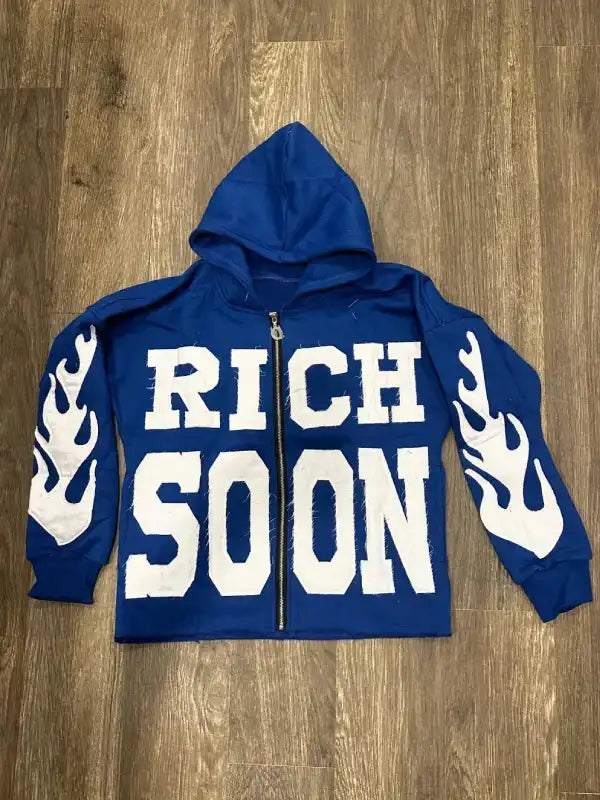 Front view of a blue full zip hoodie