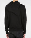 Back view of a black full zip hoodie, showing the back of the hood
