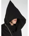 Closeup front view of a black full zip hoodie with an asymmetrical zipper and the hood