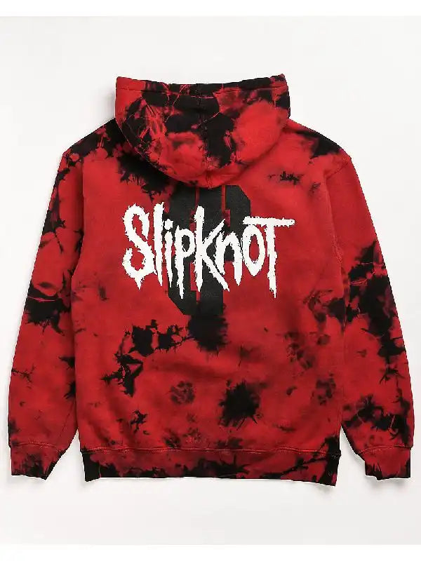 Back view of a red and black tie-dye pullover hoodie