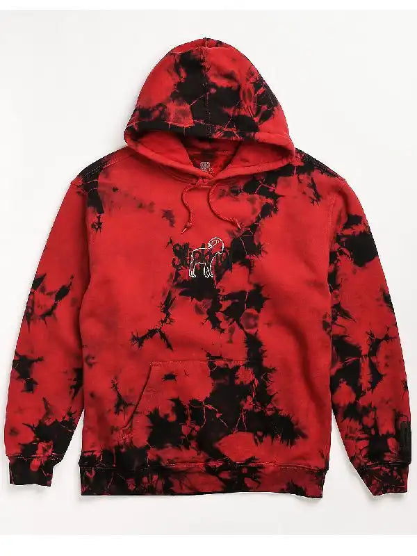 Front view of a red and black tie-dye pullover hoodie
