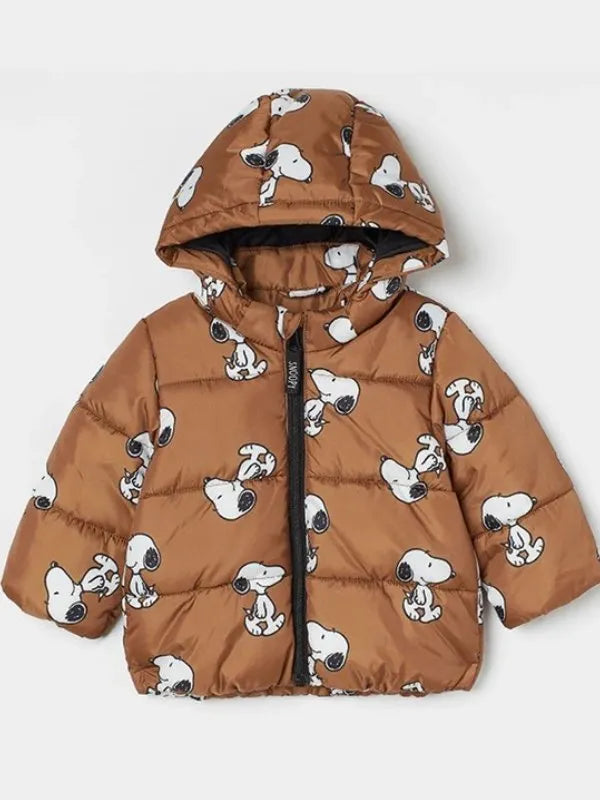 snoopy in a puffer jacket​ with dog pattern on a white background