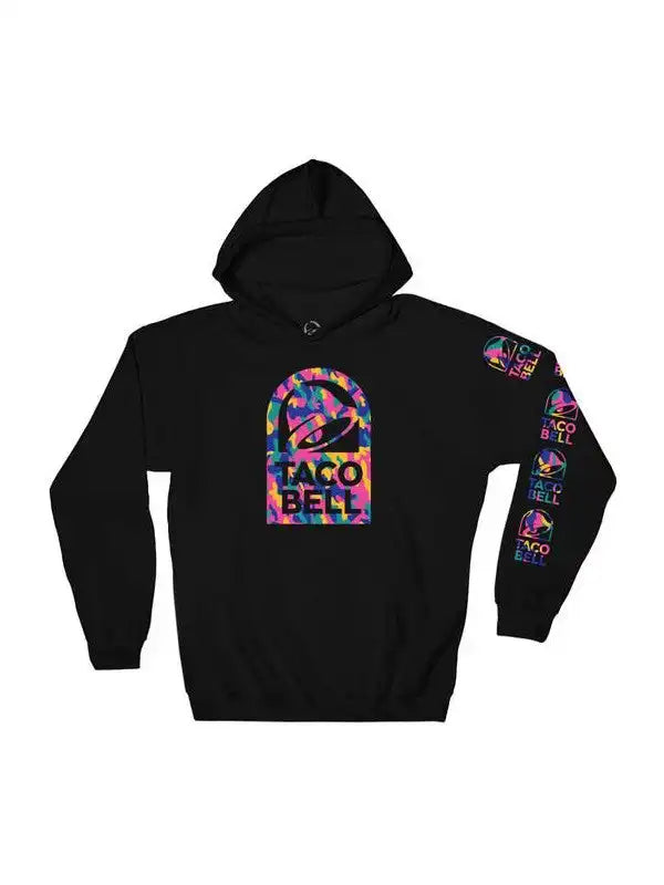 Black Taco Bell pullover hoodie with a neon, multicolored logo
