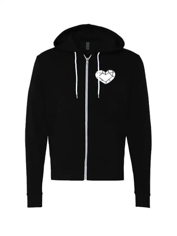 Black full zip hoodie with a , heart logo