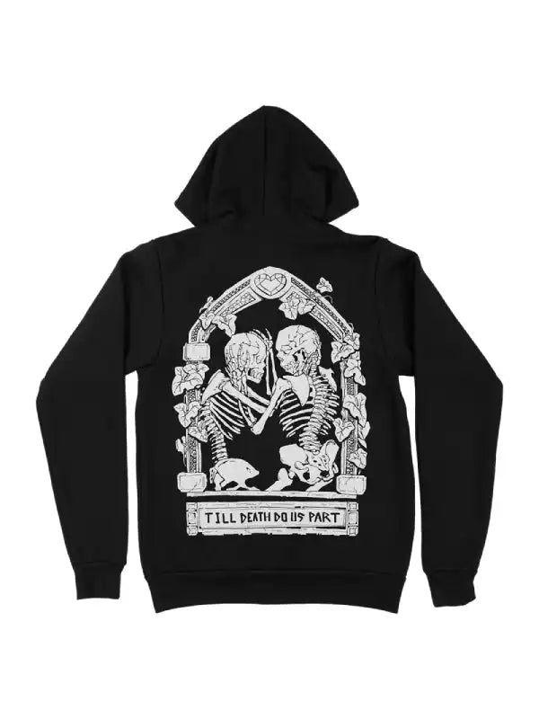 Black zip hoodie with a gothic arch graphic