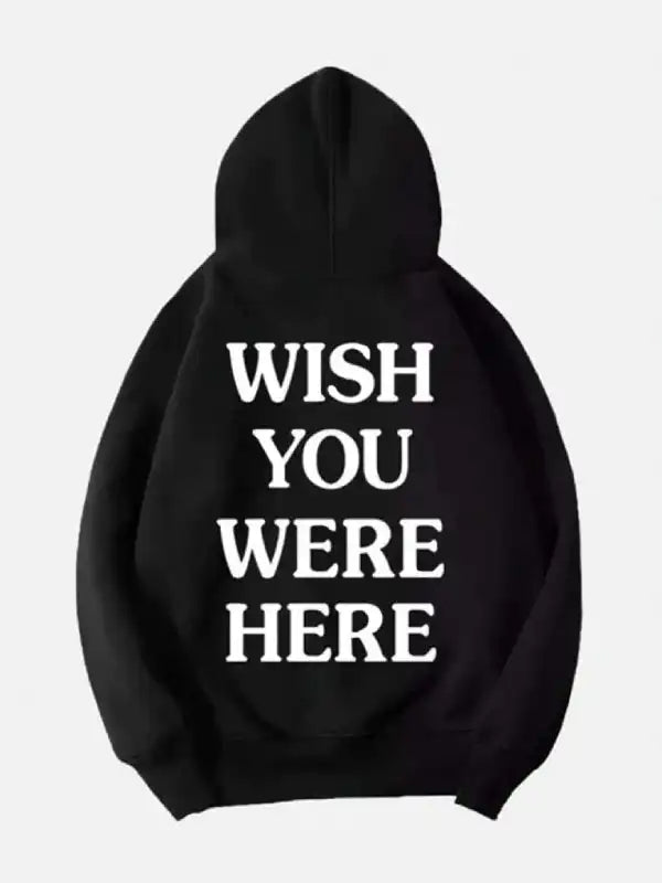 Black Astroworld pullover hoodie  text on the back 'WISH YOU WERE HERE'.