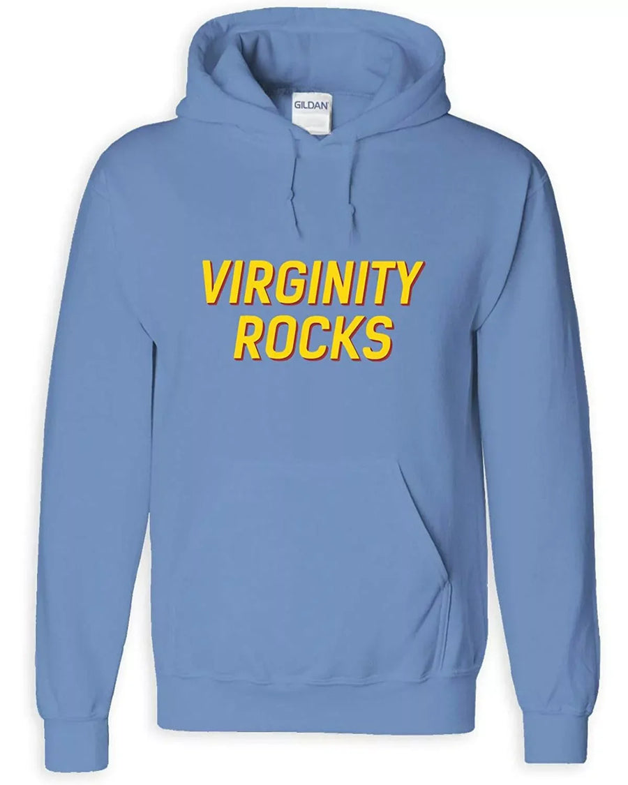 blue pullover hoodie , featuring text 'VIRGINITY ROCKS' across the chest.