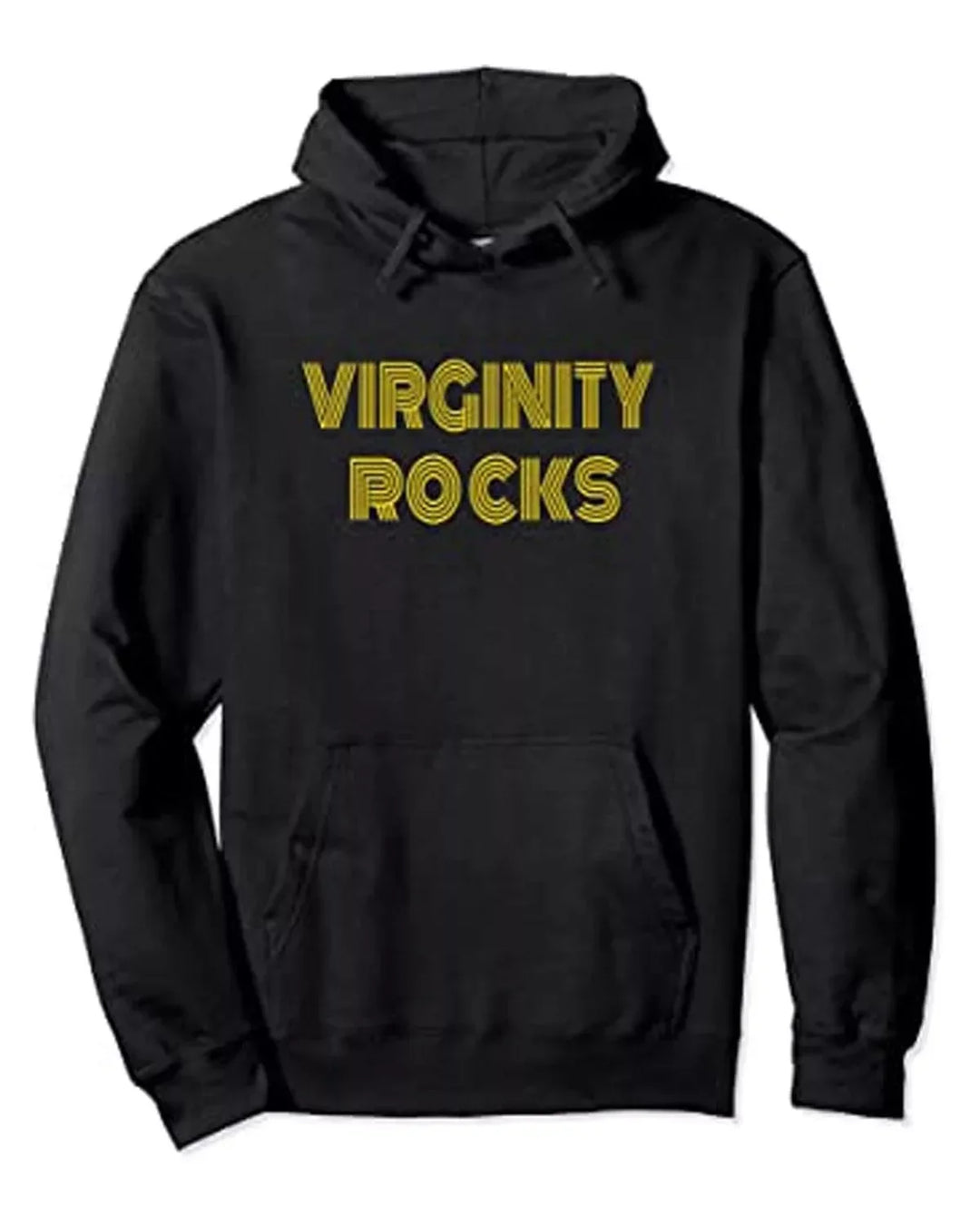 Black pullover hoodie featuring, text 'VIRGINITY ROCKS' across the chest.