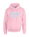 pink pullover hoodie featuring text 'VIRGINITY ROCKS' across the chest.
