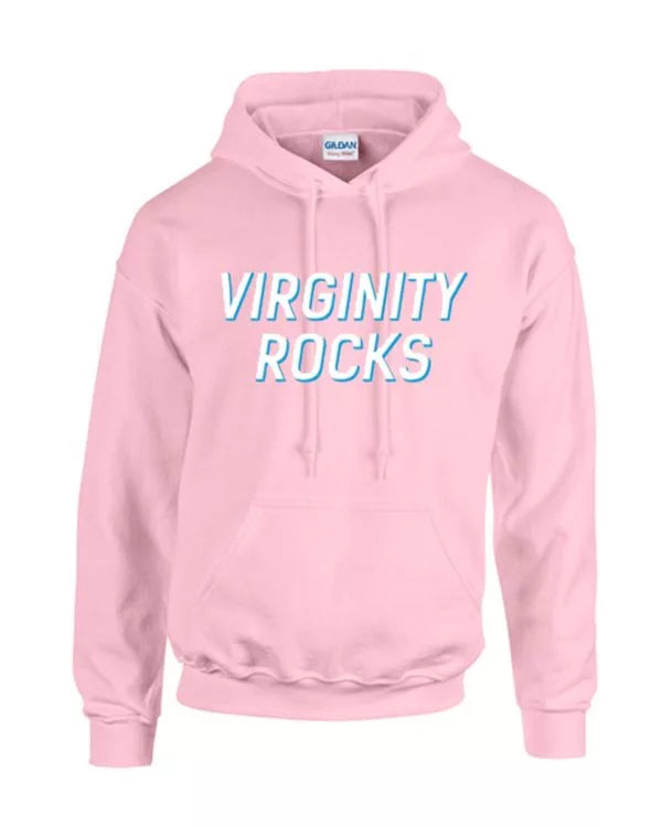 pink pullover hoodie featuring text 'VIRGINITY ROCKS' across the chest.