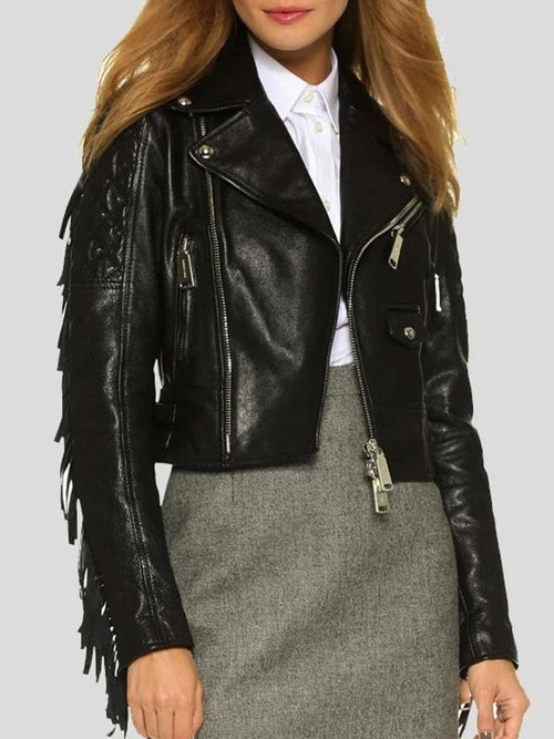 Women’s Black Cropped Leather Motorcycle Jacket With Fringe