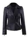 Black leather jacket with zippers and buttons on a white background