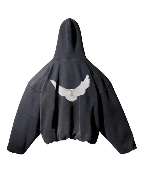 Back view of an oversized black hoodie  white dove