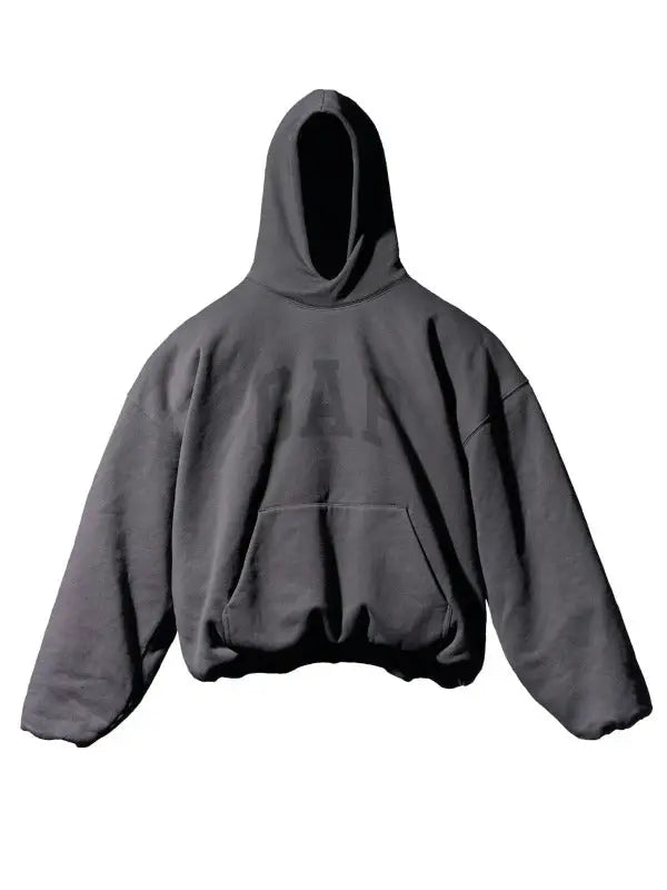 Oversized dark grey pullover hoodie with a subtle, distressed 'GAP' logo