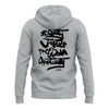 Back view of a gray pullover hoodie featuring bold black graffiti-style text