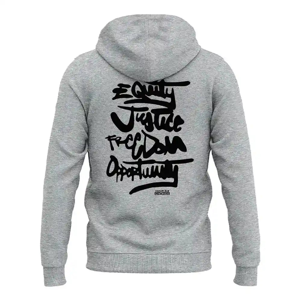 Back view of a gray pullover hoodie featuring bold black graffiti-style text