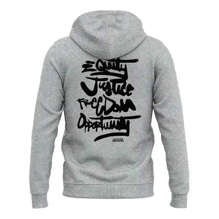 Back view of a gray pullover hoodie featuring bold black graffiti-style text