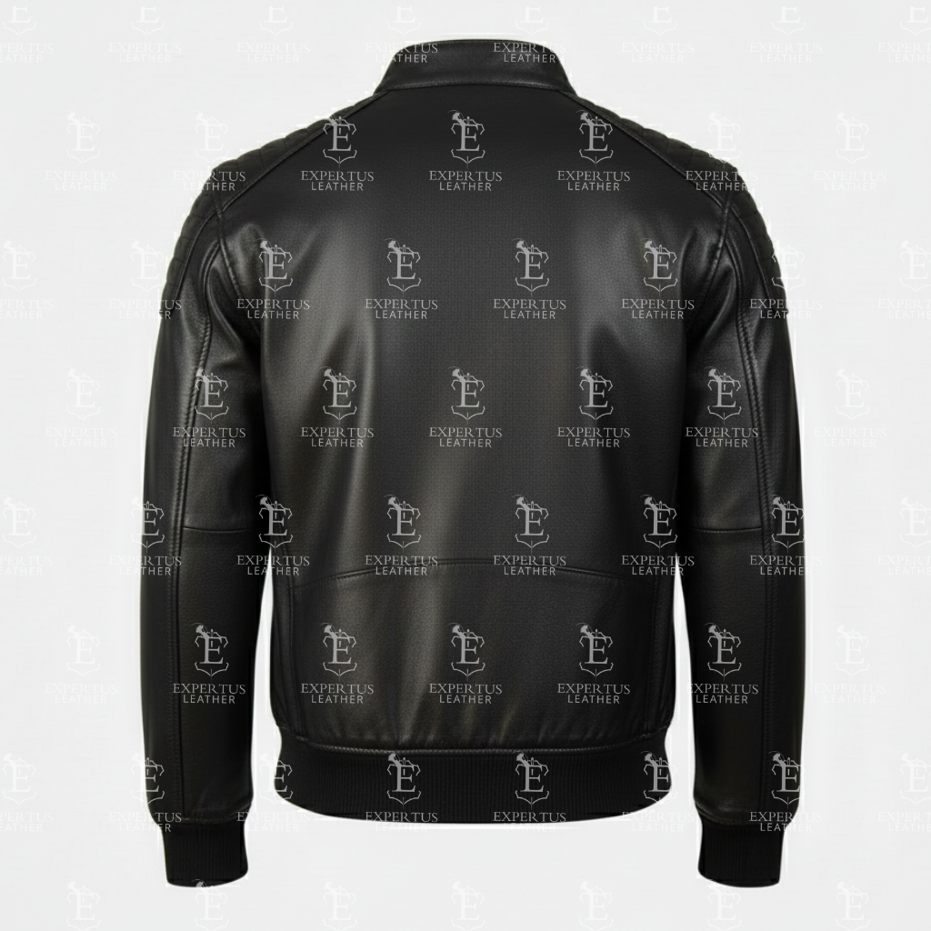 Mens Stand Collar Black Leather Racer Jacket