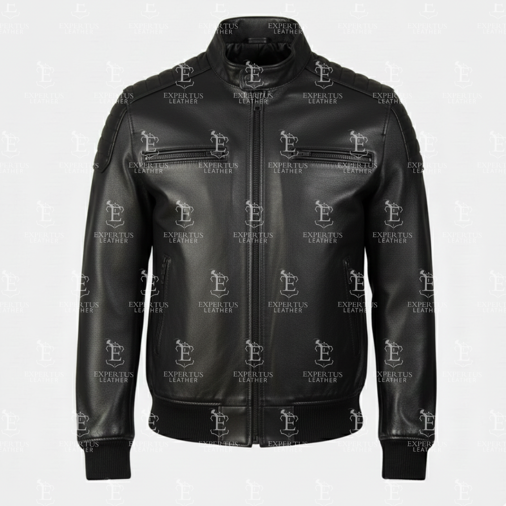 Mens Stand Collar Black Leather Racer Jacket