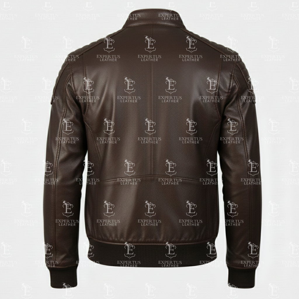 Mens Stand Collar Brown Leather Biker Jacket