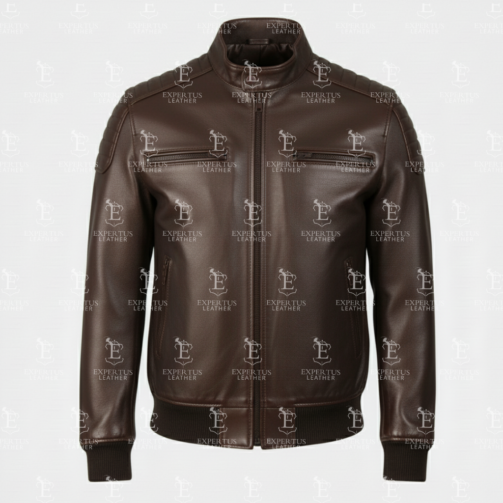 Mens Stand Collar Brown Leather Biker Jacket