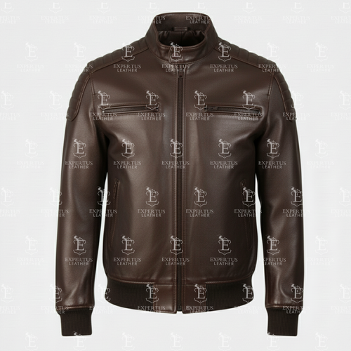 Mens Stand Collar Brown Leather Biker Jacket