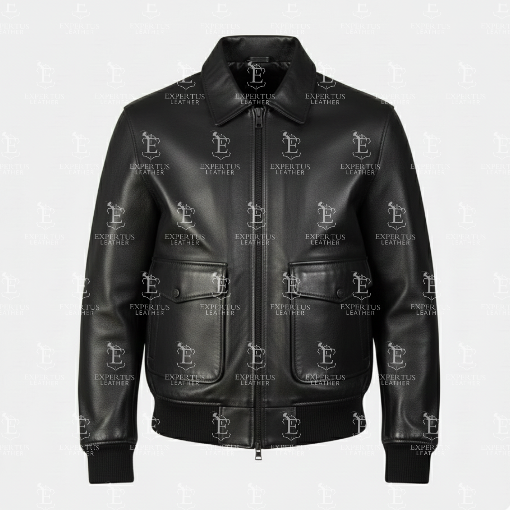Mens Black Leather Bomber Jacket