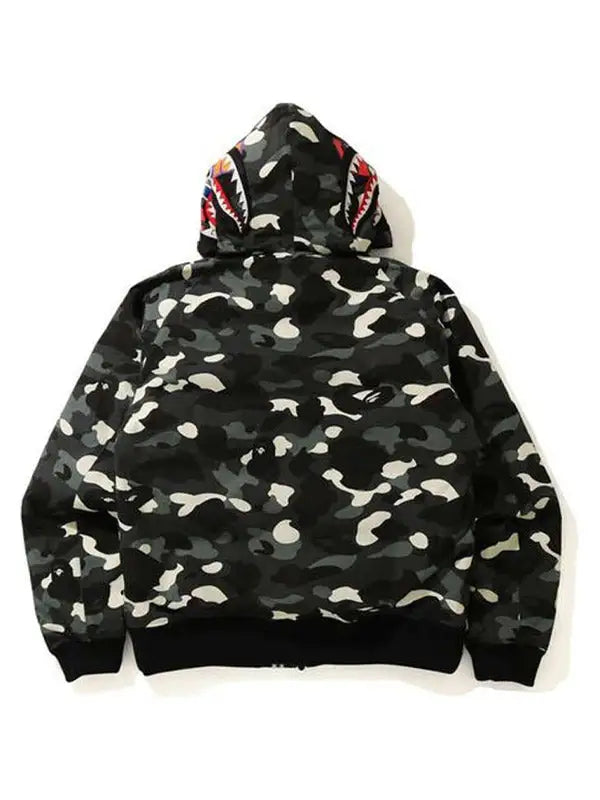 Back view of black camo BAPE full-zip hoodie