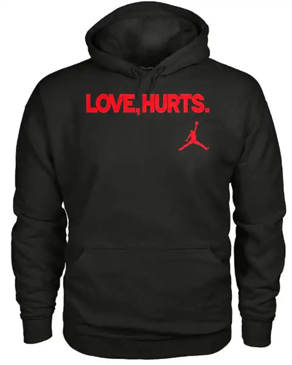 Front view of the black love hurts hoodie black pullover with bold red 'LOVE HURTS' text and a small red Jordan logo