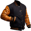 Black and brown varsity jacket with leather sleeves on a white background