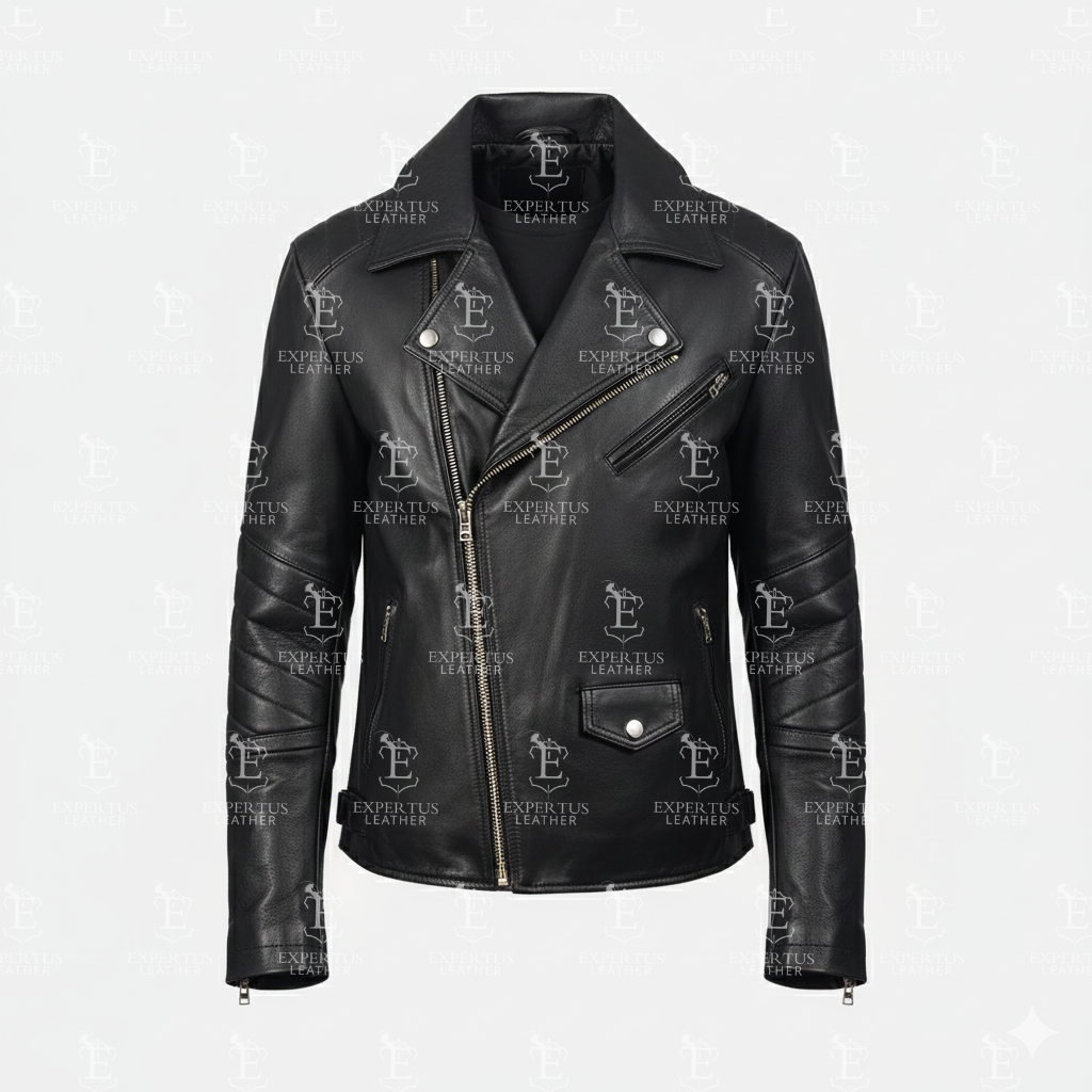 Mens Black Classic Asymmetric Leather Biker Jacket