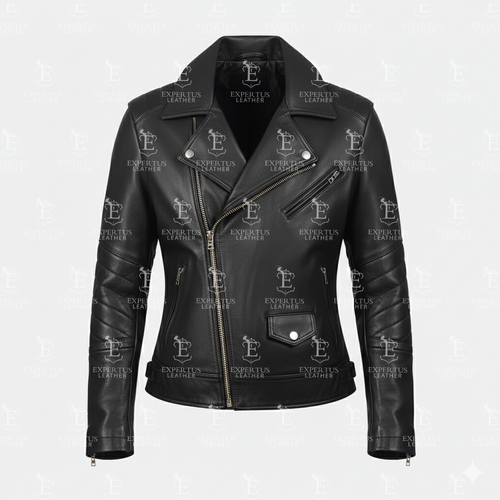 Women's Black Classic Asymmetric Leather Biker Jacket