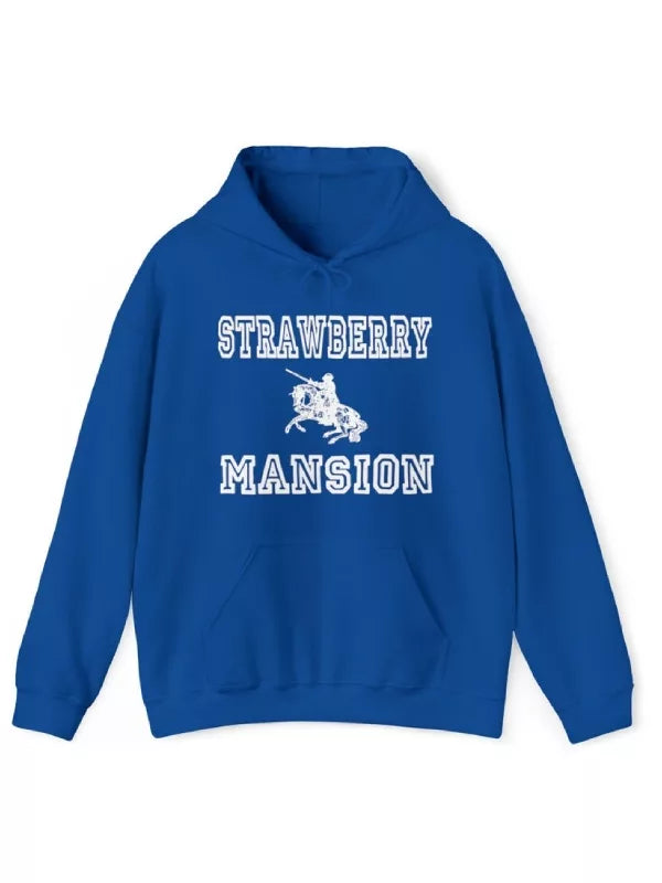 blue strawberry mansion hoodie front view