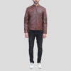 Mens Tall Perforated Cognac Waxed Cafe Racer Leather Jacket