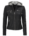 Lise Women's Black Leather Jacket With Hood