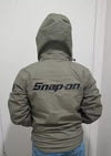 green snap on hooded jacket​ back view