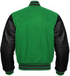 Green varsity jacket with black sleeves on a white background