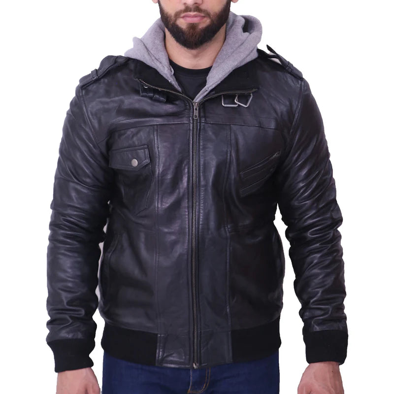Men Grey Removable Hood Black Leather Jacket