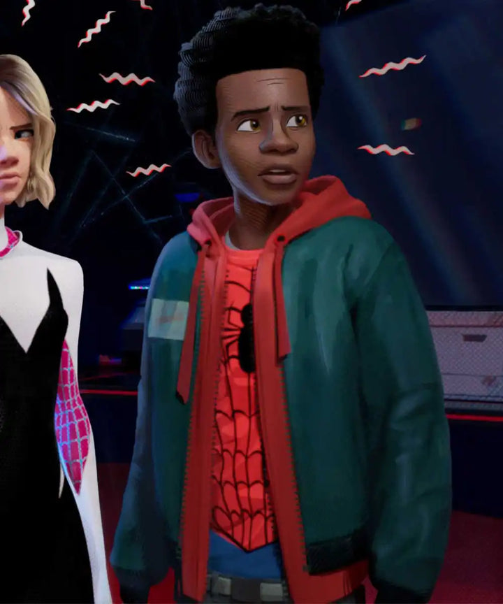 Miles Morales in his Spider-Verse outfit: red suit, red hood,