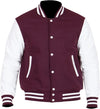Maroon and white varsity jacket on a white background