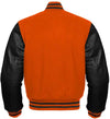 Orange varsity jacket with black leather sleeves on a white background