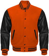 Orange and black varsity jacket with leather sleeves on a white background