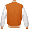 Orange and white varsity jacket on a white background